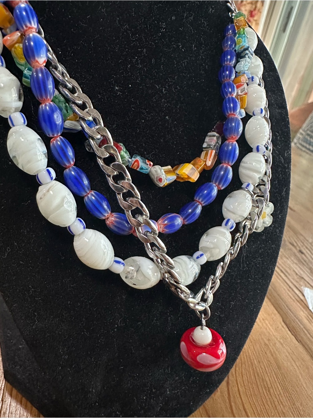 Free People Layered Blue, White & Red Beaded Necklace with Silver-Tone Chains - Picture 2 of 4